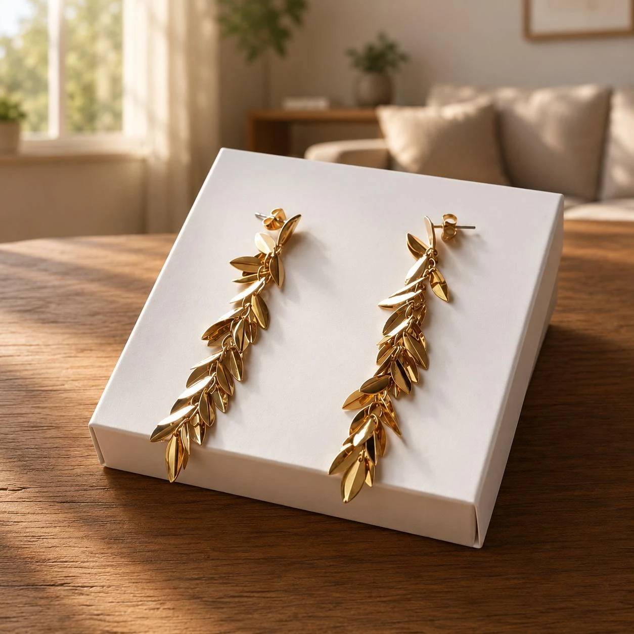 Pendientes largos hojas doradas fiesta / Nuevos a estrenar